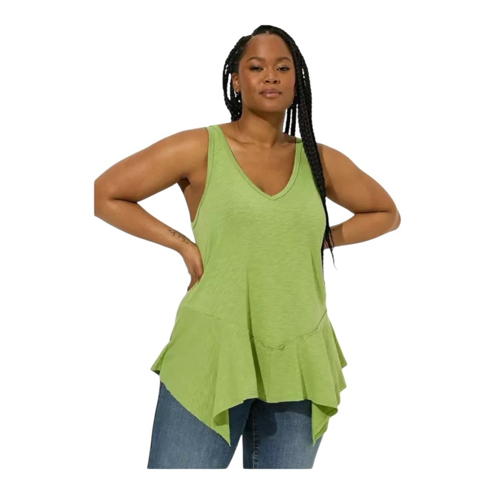 Vintage Slub V-Neck Handkerchief Hem Swing Tank sz 1 (14-16) in Jade Lime